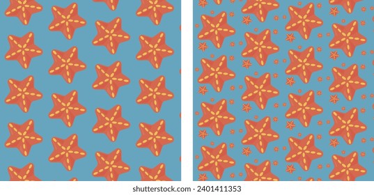 two seamless patterns with red starfish of different sizes on a blue background