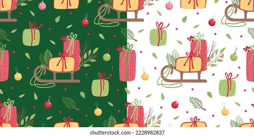 Two seamless patterns with Santa's sled, Christmas baubles and gift boxes on white and green backgrounds. Vector flat illustration. Great for fabrics, wrapping paper, greeting cards.