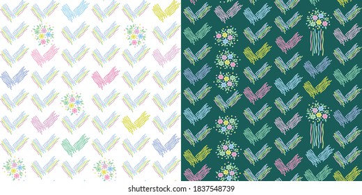 Dos patrones impecables con marcas de verificación estilizadas y ramos en colores pastel sobre fondo blanco y verde oscuro. Diseño de vectores para impresión textil, invitación de boda, tarjetas, papel de envoltura, libro de recortes