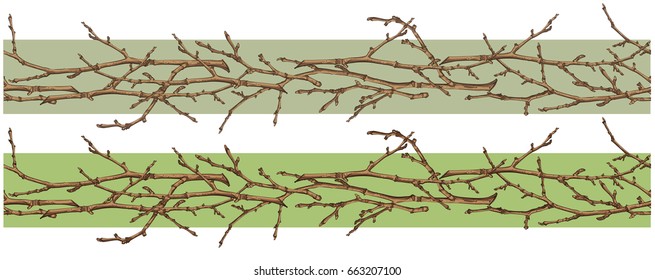 Two seamless patterns of tree branches, vector illustration, isolated objects.