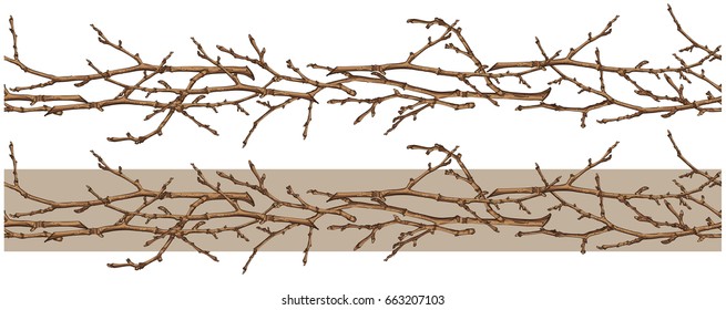 Two seamless patterns of tree branches, vector illustration, isolated objects.