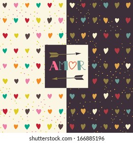 Two seamless patterns of Valentines day with colorful hearts. Valentines hearts. Kids elements for scrap booking. Childish background. Hand drawn vector illustration.