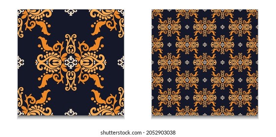 Two seamless patterns of vintage patterns. Set of vector damask patterns. Blue, orange color. For fabric, tile, wallpaper or packaging. Vector graphics.