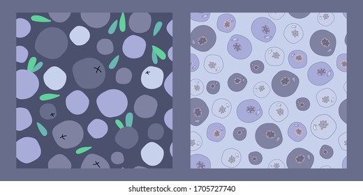 two seamless patterns with wild blueberries, bilberries and leaves on a dark lilac background. berry tea and dessert. Modern abstract design for packaging, paper, cover, fabric, interior decor