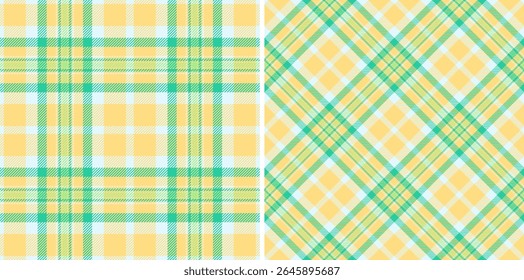 Two seamless plaid patterns. One classic, one diagonal. Pastel yellow green color scheme. Great for textiles, backgrounds, designs. Versatile eyecatching.