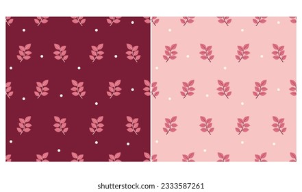 Two seamless simple patterns with leaves in red color. Vector graphic.