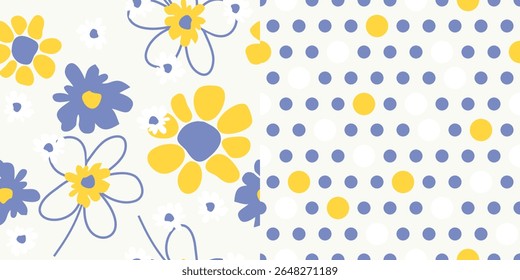 Dois fundos de verão sem costura com flores desenhadas à mão primitivas e ponto polka multicolor no fundo azul pálido. Padrões criados em cores e formas que se complementam. Para impressão. Vetor.