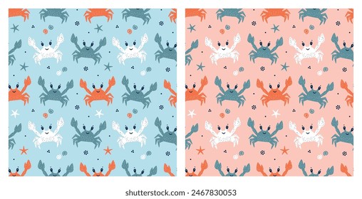 Two Seamless Summer Patterns with Cute Crabs. Sea Animal Colorful Background for Kids. Childish Print Handmade. Hand drawing. Not AI. Vector illustration.