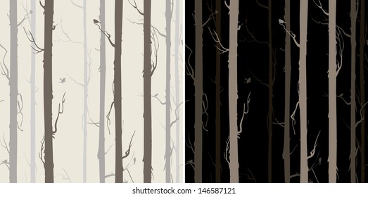 two seamless textures with trees and birds, light and dark, vector illustration