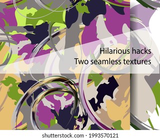 Dos texturas sin costura. Cáscaras divertidas. Una abstracción. Puntos y anillos. Lugares de arte caqui. Imagen de contraste brillante. Colores pasteles. Patrón abstracto de los círculos. Golpes caóticos en el pincel. Estilo pintoresco.