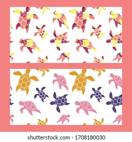 two seamless tropical patterns with bright colorful silhouettes of turtles on a white background. Modern abstract design for packaging, paper, cover, fabric, interior decor