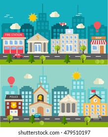 Two seamless urban landscapes sets, vector illustration. 