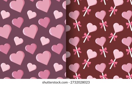 Dois padrões sem emenda do Dia dos Namorados, um com corações rosa brilhantes e outro com pirulitos em forma de coração e arcos em fundos vermelhos