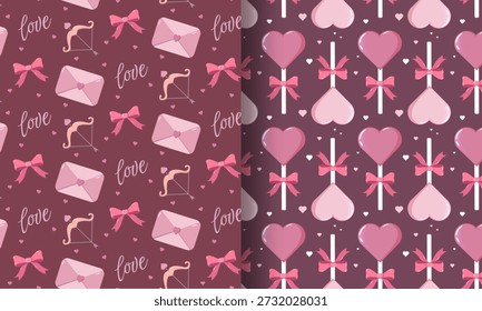 Dos patrones de San Valentín sin fisuras, uno con sobres, arcos, flechas de Cupido y texto de amor, el otro con piruletas en forma de corazón y corazones dispersos en marrón