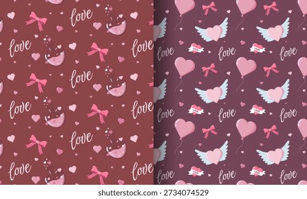 Dos patrones de San Valentín sin fisuras, uno con arcos, botellas de poción, corazones y texto de amor, el otro con globos, corazones alados y Anuncios de AMOR sobre fondos marrones