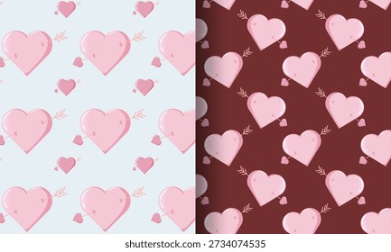 Dois padrões sem costura do Dia dos Namorados com corações rosa brilhantes perfurados por setas em fundos azuis claros e marrons