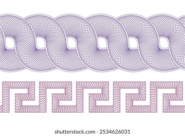 Two seamless vector guilloche stripes. Meander ornament.