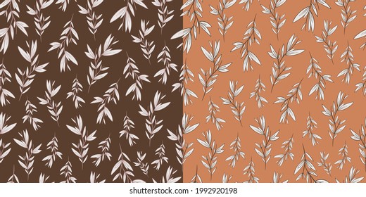 Two seamless vector patterns with twigs and leaves, brown and orange, foliage, colours for materials design, art, graphics.