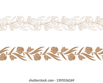 two seamless vector vintage floral borders. seamless template in swatch panel. design for print, woodblock, cards