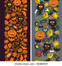 Two seamless vertical patterns with black cat, leaves and pumpkins. Vector Halloween texture.