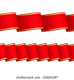Two seamless wavy surface red ribbons with gold edgings, isolated on white background