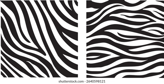 Two seamless zebra stripe patterns in black and white. Perfect for textile prints, fashion designs, or animal-themed projects. High-resolution vector graphics.