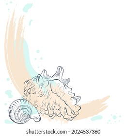 Two seashells in line art style on grunge background. Vector color hand drawn illustration with place for text. Elements for design seafood shop or menu, decor, label, print, poster, t-shirt.