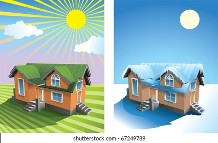 Two Season: Small House In Summer Under The Sun On The Grassy Field, And In Winter Snow Covered, Vector Illustration