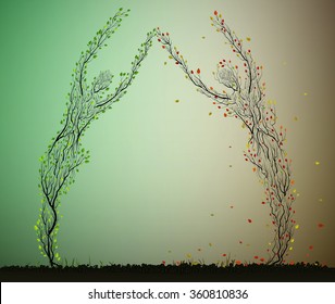 two seasons concept, autumn and summer man looking surrealism trees, plant surrealism, vector