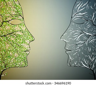 two seasons concept, winter and spring face, young and old skin face idea, healthy and problem skin concept, two woman faces,vector,