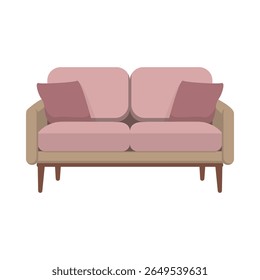 Two seat sofa flat vector illustration. Minimalist couch design with pillows. Stylish home furniture for cozy living room or interior decor projects.