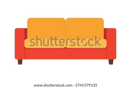 Two seat sofa in red and orange with yellow cushions