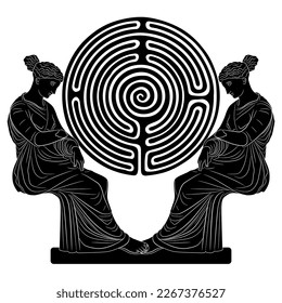 Two seated ancient Greek women or goddesses and a round spiral maze or labyrinth symbol. Creative feminist concept. Black nd white silhouette.