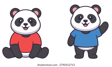 Two seated panda mascots wearing red and blue shirts with friendly cartoon expressions