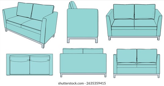Two seater Cyan sofa. Vector images are produced from the auto tracing process. View from Perspective, front, top, left,back