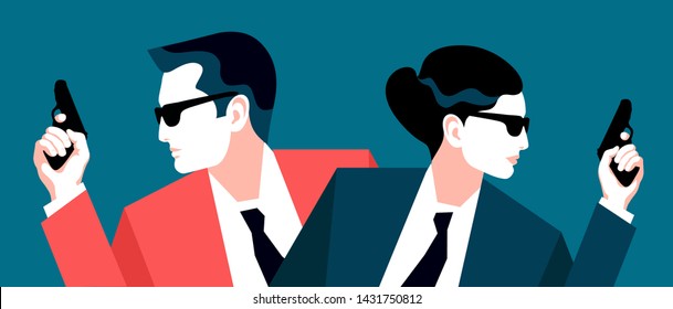 Two Secret Agents, Spies, Security Guards Or Policemen. Male And Female Characters With Guns. Vector Illustration