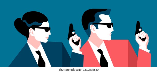 Two Secret Agents, Spies, Security Guards Or Policemen. Male And Female Characters With Guns. Vector Illustration