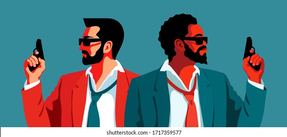 Dos agentes secretos, espías, guardias de seguridad, policías armados. Personajes masculinos europeos y africanos, vista lateral. Ilustración vectorial plana