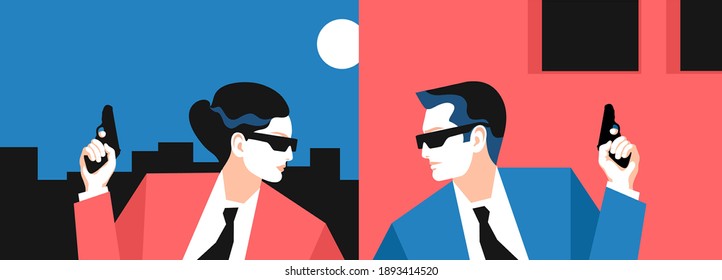 Two Secret Agents, Spies, Security Guards Or Policemen. Male And Female Characters With Guns, Night City Background. Vector Illustration