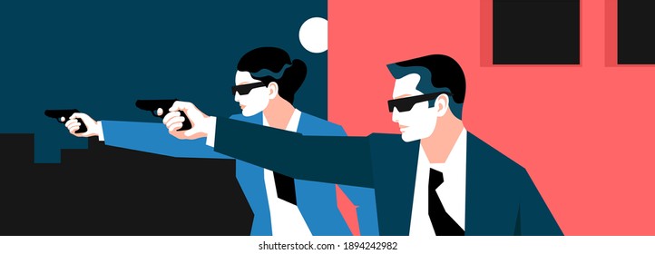 Two Secret Agents, Spies, Security Guards Or Policemen. Male And Female Characters With Guns, Night City Background. Vector Illustration