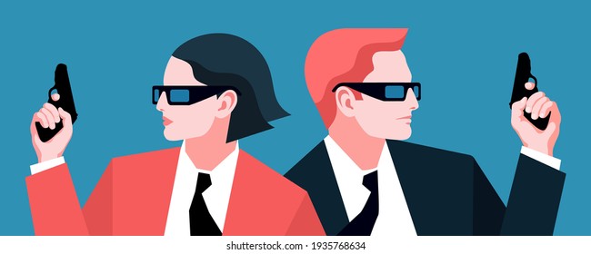 Two Secret Agents, Spies, Security Guards Or Policemen. Male And Female Characters With Guns. Vector Illustration