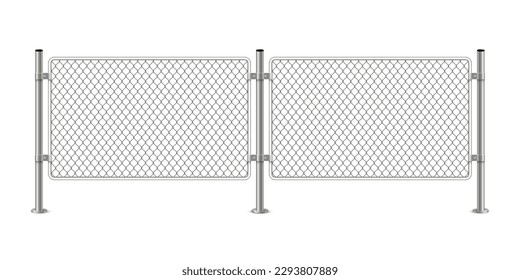 Two section of chain link fence vector illustration. 3D realistic metal grid safety barrier with mesh net between steel or iron poles, isolated border silver or steel structure for fence perimeter.