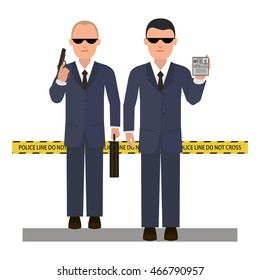 Two security agents at the crime scene. Vector style flat