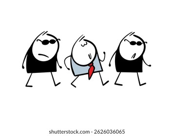 Two security guards in black suits and sunglasses accompany a wealthy businessman. Vector illustration of a funny stickman on a walk.