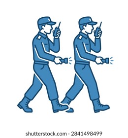 Two security guards in uniform walking side by side holding flashlights and radios for communication