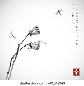 Two seed heads of a dry lotus flower and dragonflies on white background. Contains hieroglyph - happiness. Traditional oriental ink painting sumi-e, u-sin, go-hua