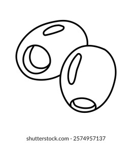 two seedless olives in the contour. An isolated illustration. An environmentally friendly product with olive oil content. A symbol of a natural product. Contrasting outline for coloring