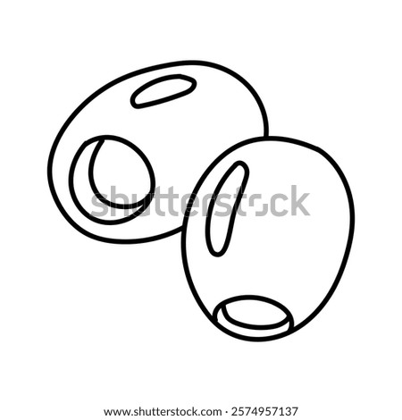 two seedless olives in the contour. An isolated illustration. An environmentally friendly product with olive oil content. A symbol of a natural product. Contrasting outline for coloring