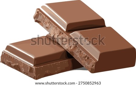 Two segments of a milk chocolate bar are stacked and overlapping on a white background with a shadow.