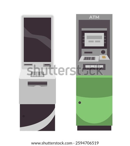 Two self-service machines, an ATM and a kiosk, shown side by side. The ATM has a card slot and keypad, while the kiosk features a touchscreen. Vector illustration
